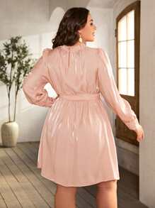 SHEIN LUNE Plus Frilled Neck Lantern Sleeve Belted Dress - Baby Pink - View 2