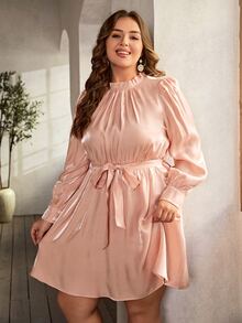 SHEIN LUNE Plus Frilled Neck Lantern Sleeve Belted Dress - Baby Pink - View 4