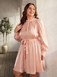SHEIN LUNE Plus Frilled Neck Lantern Sleeve Belted Dress - Baby Pink - View 6