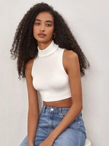 SHEIN BASICS High Neck Solid Tank Crop Top - White - View 1