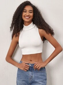 SHEIN BASICS High Neck Solid Tank Crop Top - White - View 3