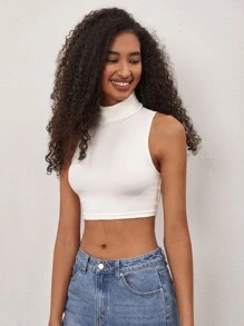 SHEIN BASICS High Neck Solid Tank Crop Top - White - View 4