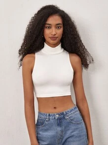 SHEIN BASICS High Neck Solid Tank Crop Top - White - View 5