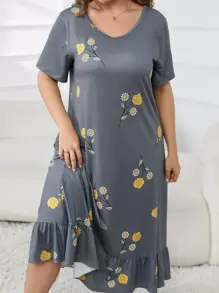 Vestido de dormir con estampado floral bajo con fruncido - Gris - Ver 1