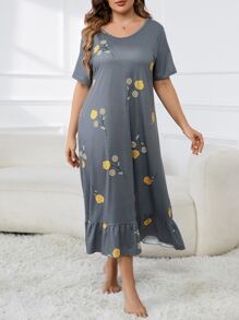 Vestido de dormir con estampado floral bajo con fruncido - Gris - Ver 3