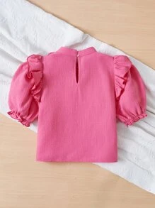 SHEIN Girls Ruffle Trim Puff Sleeve Bow Front Blouse - Pink - View 2