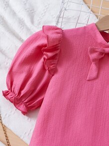 SHEIN Girls Ruffle Trim Puff Sleeve Bow Front Blouse - Pink - View 3