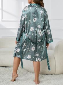 Plus Floral Print Contrast Trim Belted Satin Robe Without Lingerie - Dark Green - View 2