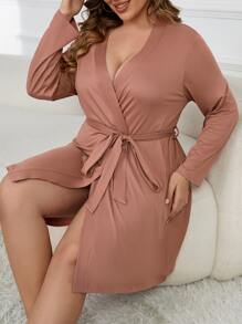 Plus Solid Belted Robe Without Lingerie - Rusty Rose - View 1