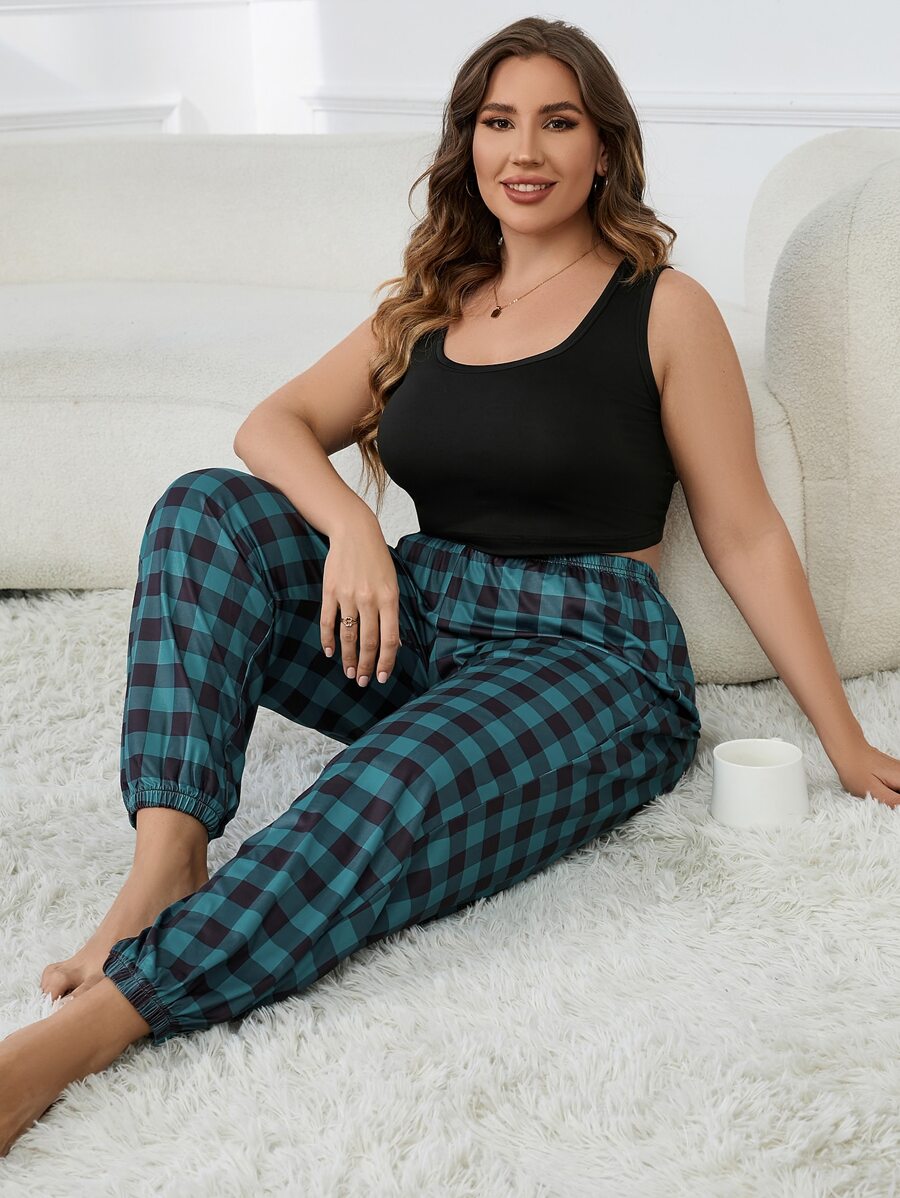 Plus Solid Tank Top & Gingham Trousers PJ Set - Multicolor - View 1