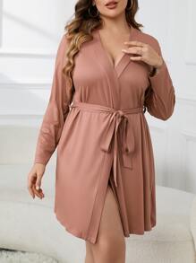 Plus Solid Belted Robe Without Lingerie - Rusty Rose - View 4