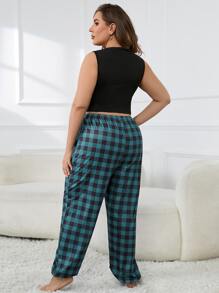 Plus Solid Tank Top & Gingham Trousers PJ Set - Multicolor - View 2