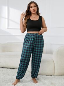 Plus Solid Tank Top & Gingham Trousers PJ Set - Multicolor - View 5