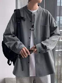 Manfinity Hypemode Lỏng lẻo phù hợp Nam In sọc Thả vai Áo sơ mi - Màu xám đen - Xem 1