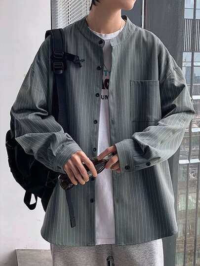 Camicia A Righe A Spalla Bassa Con Stampa Sciolta Per Uomo