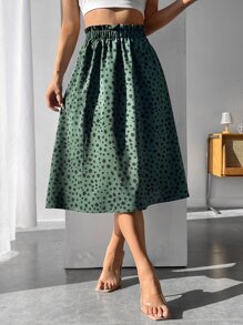 SHEIN PETITE Allover Print Paperbag Waist Skirt Midi Skirt - Green - View 3