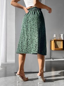 SHEIN PETITE Allover Print Paperbag Waist Skirt Midi Skirt - Green - View 2