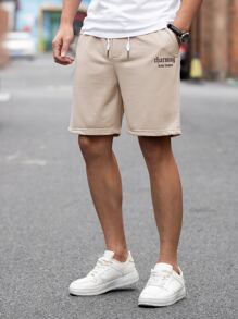 Manfinity Homme Hombres Shorts con estampado de letra de cintura con cordón - Caqui - Ver 1