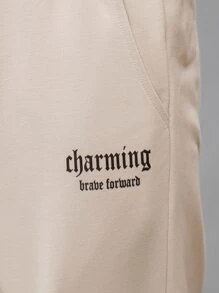 Manfinity Homme Hombres Shorts con estampado de letra de cintura con cordón - Caqui - Ver 3