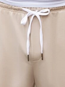 Manfinity Homme Hombres Shorts con estampado de letra de cintura con cordón - Caqui - Ver 4