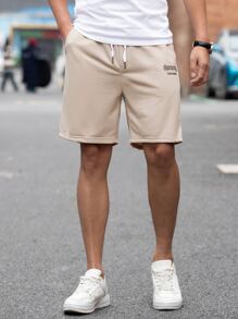 Manfinity Homme Hombres Shorts con estampado de letra de cintura con cordón - Caqui - Ver 5