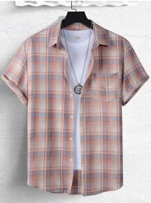 Manfinity Men Plaid Print Drop Shoulder Shirt - Pink - View 3