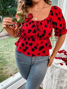 SHEIN LUNE Blusa peplum con estampado de corazón con nudo delantero de manga farol - Rojo - Ver 3