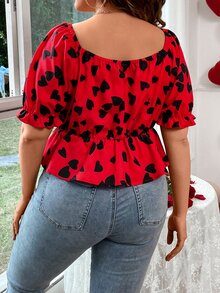 SHEIN LUNE Blusa peplum con estampado de corazón con nudo delantero de manga farol - Rojo - Ver 4