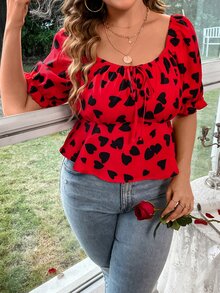 SHEIN LUNE Blusa peplum con estampado de corazón con nudo delantero de manga farol - Rojo - Ver 6