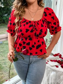 SHEIN LUNE Blusa peplum con estampado de corazón con nudo delantero de manga farol - Rojo - Ver 8