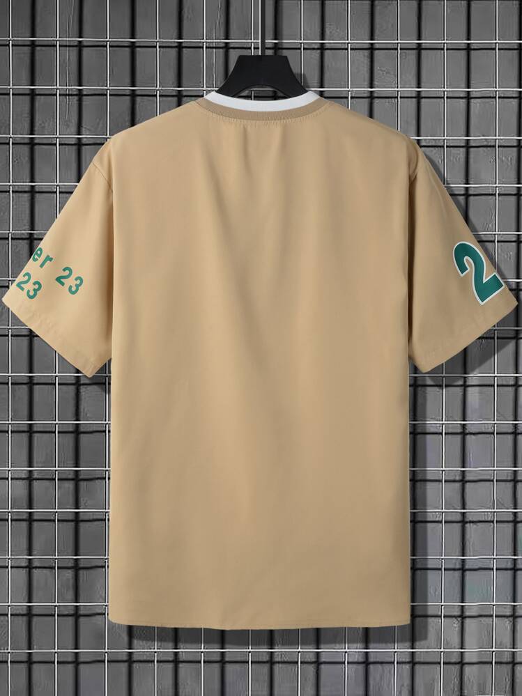 Aesthetic Post เสื้อเชิ้ต ผู้ชาย ลายตัวอักษร ปกเบสบอล (ไม่รวมเสื้อยืด) - สีกากี - ดู 2