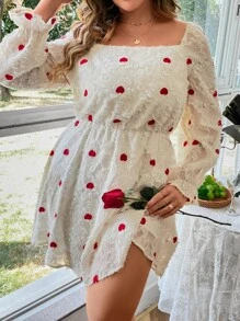 SHEIN Holidaya Plus Heart Print Square Neck Flounce Sleeve Fuzzy Dress - White - View 2