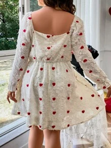 SHEIN Holidaya Plus Heart Print Square Neck Flounce Sleeve Fuzzy Dress - White - View 3