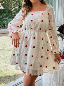 SHEIN Holidaya Plus Heart Print Square Neck Flounce Sleeve Fuzzy Dress - White - View 1