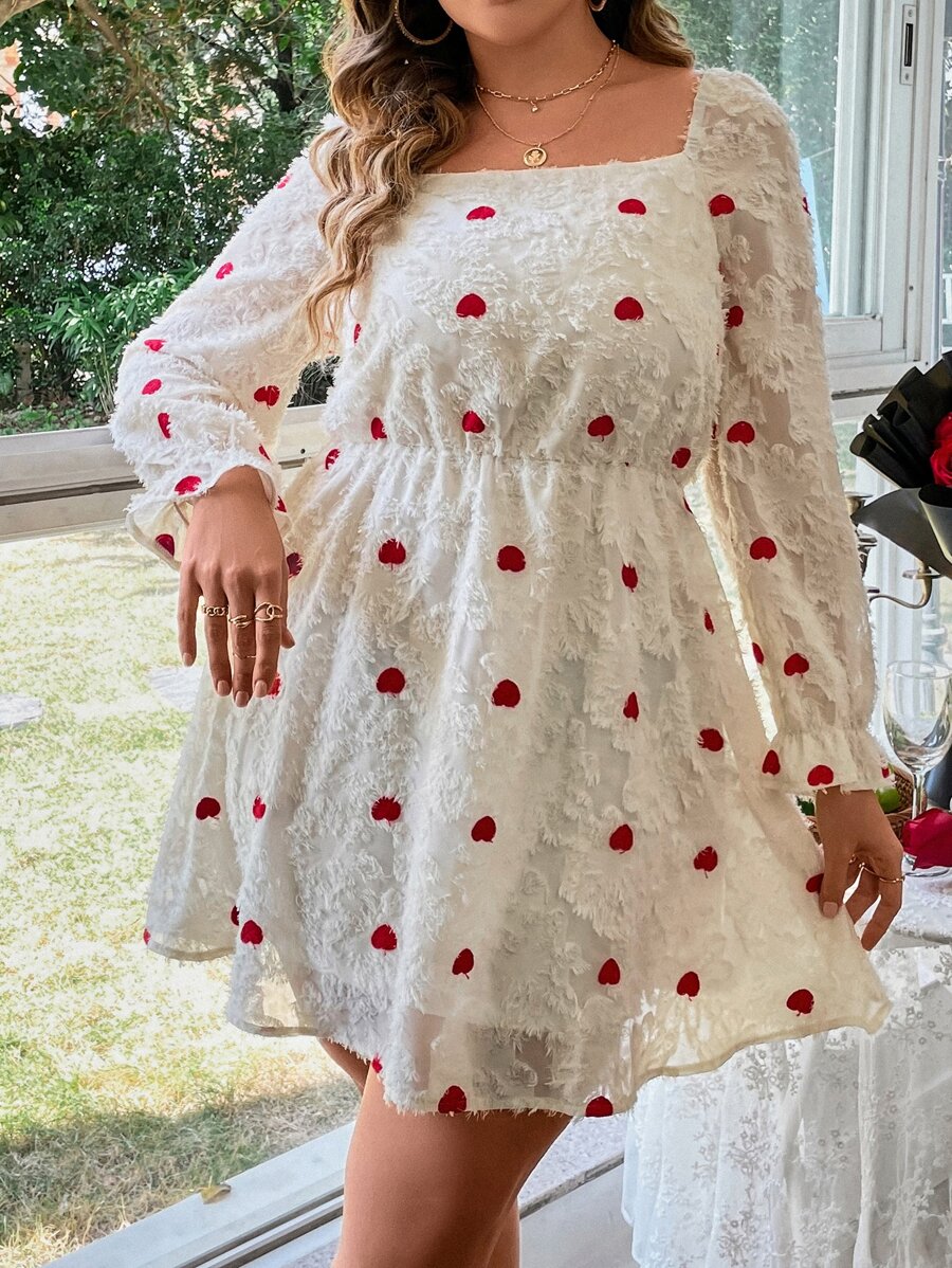 SHEIN Holidaya Plus Heart Print Square Neck Flounce Sleeve Fuzzy Dress - White - View 1