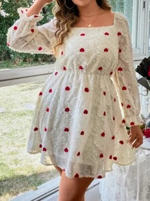 SHEIN Holidaya Plus Heart Print Square Neck Flounce Sleeve Fuzzy Dress - White - View 4