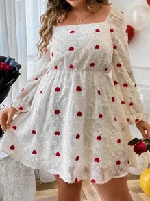 SHEIN Holidaya Plus Heart Print Square Neck Flounce Sleeve Fuzzy Dress - White - View 6