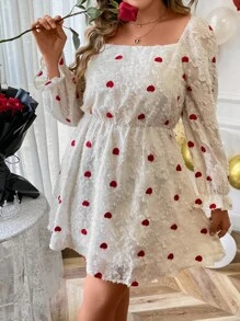 SHEIN Holidaya Plus Heart Print Square Neck Flounce Sleeve Fuzzy Dress - White - View 7