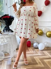 SHEIN Holidaya Plus Heart Print Square Neck Flounce Sleeve Fuzzy Dress - White - View 8