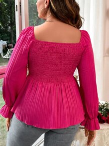 SHEIN Holidaya Plus Sweetheart Neck Drawstring Front Flounce Sleeve Peplum Blouse