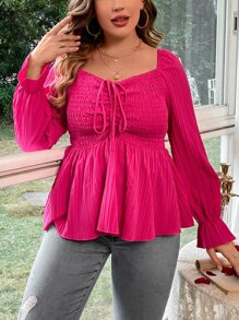 SHEIN Holidaya Plus Sweetheart Neck Drawstring Front Flounce Sleeve Peplum Blouse