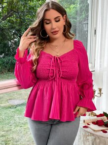 SHEIN Holidaya Plus Sweetheart Neck Drawstring Front Flounce Sleeve Peplum Blouse