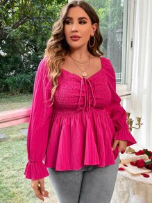 SHEIN Holidaya Plus Sweetheart Neck Drawstring Front Flounce Sleeve Peplum Blouse