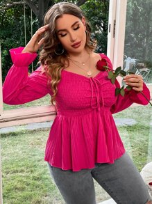SHEIN Holidaya Plus Sweetheart Neck Drawstring Front Flounce Sleeve Peplum Blouse