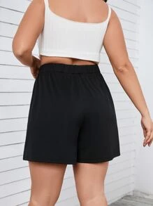 Celure Plus Button Detail Wide Leg Shorts - Black - View 2