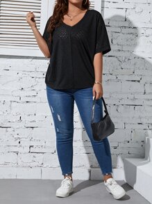 SHEIN LUNE Plus Hollow Out Batwing Sleeve Tee - Black - View 3
