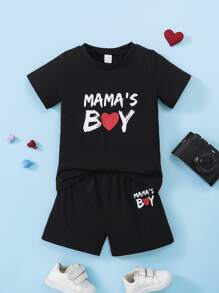 SHEIN Young Boy Heart & Letter Graphic Tee & Shorts - Black - View 1