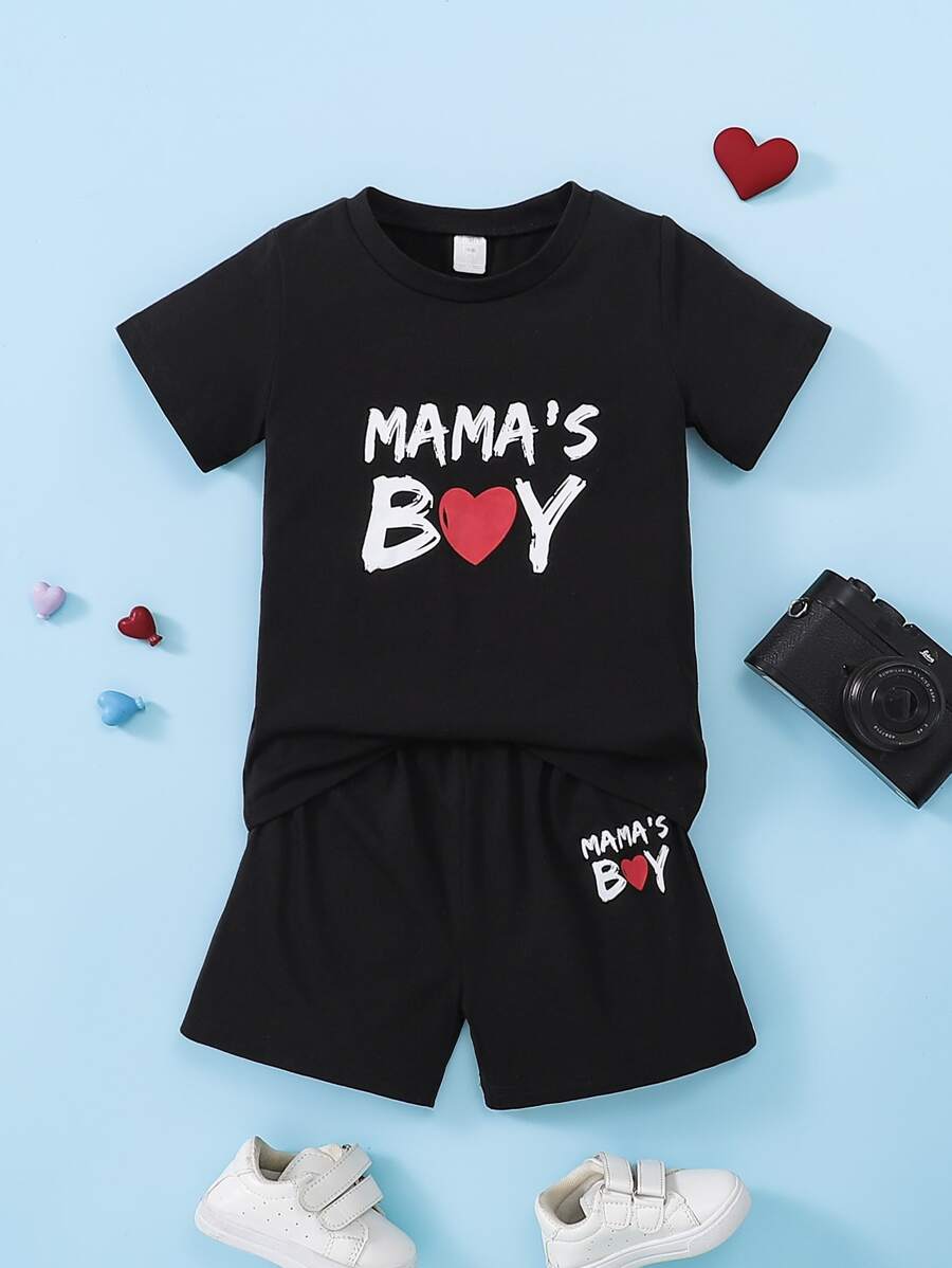 SHEIN Young Boy Heart & Letter Graphic Tee & Shorts - Black - View 1