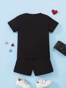 SHEIN Young Boy Heart & Letter Graphic Tee & Shorts - Black - View 2
