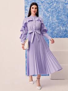 Mulvari Ruffle Trim Pleated Hem Shirt Dress - Lilac Purple - View 2